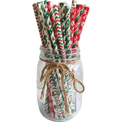 25pcs Red Green Paper Drinking Straws Snowflake Paper Straw Xmas Tree Ornament New Year Merry Christmas Decoration for Home 2022