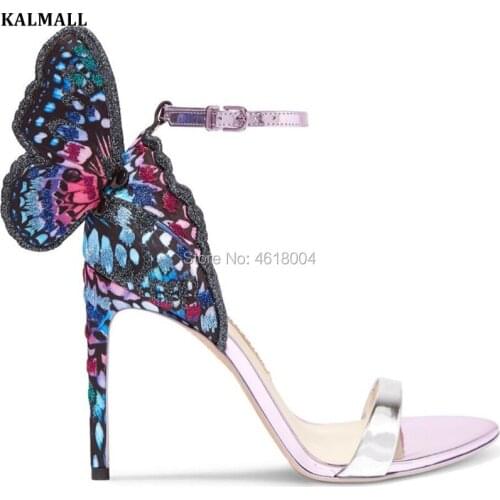 KALMALL Bridal Dress Sandals Mixed Color Embroidered Butterfly Wings High Heels Open Toe Strap Gladiator Sandals Party Heels