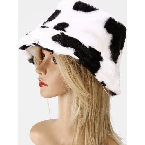 Warm Plus Velvet Fisherman Cap Cow Pattern Autumn Winter Bucket Hat Women Faux Fur Soft Panama Hat Windproof Flat Top Basin Hats