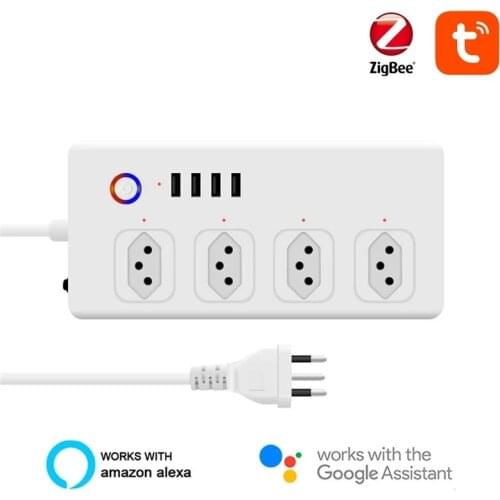 ZigBee Smart Power Strip Brazil Plug Smart Power Bar Multiple Outlet Extension Cord with 4 USB and 4 AC Plugs by Tuya