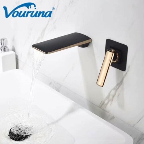 VOURUNA Rose Golden&Black&White Wall Mounted Bathroom Faucet Lavatory Vessel Sink Mixer Basin Tap