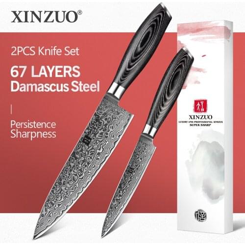 XINZUO 2PCS Kitchen Knives Set 67 Layers Damascus 8 inch Chef and 5'' Utility Knife High Carbon Stainless Steel Pakkawood Handle