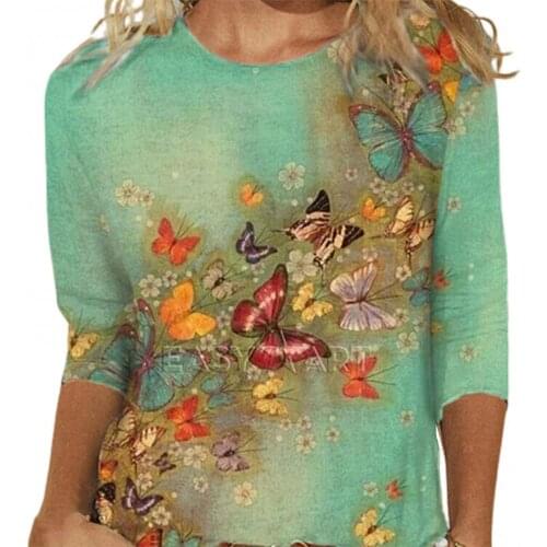 Women Long Sleeve O Neck Multicolor Butterfly Flower Print Blouse T-shirt Top Casual Plus Size Loose T-shirt Womens Clothing