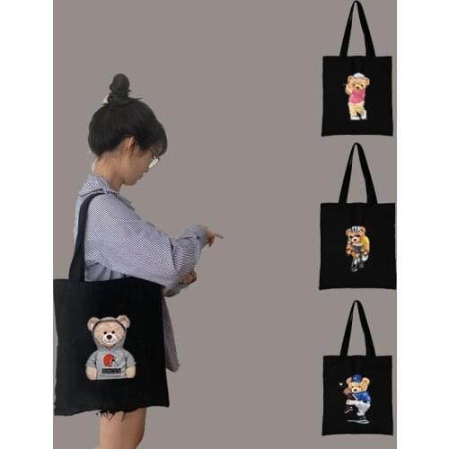 Women Shopping Bag All-match Bear Series Handbag Foldable Reusable Cloth Shopper Harajuku Style Bag Student Canvas Tote Bag