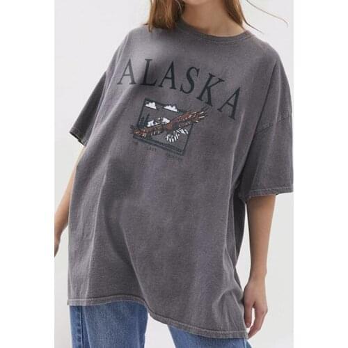 Vintage T-shirt Letter and Eagle Pattern Print T-shirts Casual Women Short Sleeve Tshirt Oversized Tees Streetwear Purple Loose