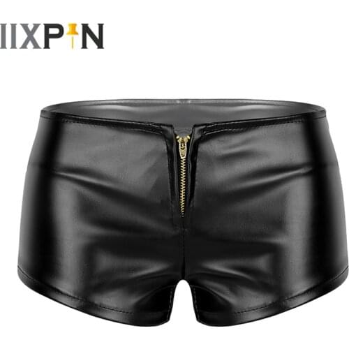 IIXPIN Women Pole Dance Costumes shorts Wet Look Faux Leather Front Zipper Low Waisted Booty Shorts Mini Shorts Clubwear short