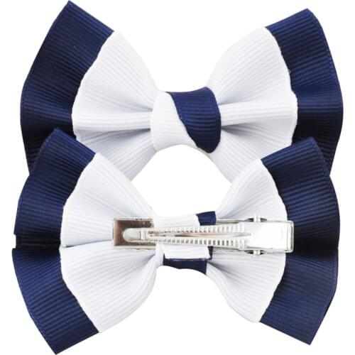 2pcs/lot 3" Little Girls Boutique White Navy Grosgrian Ribbon Hair Bow With Clip For School Children Hair Accessories Hairpins