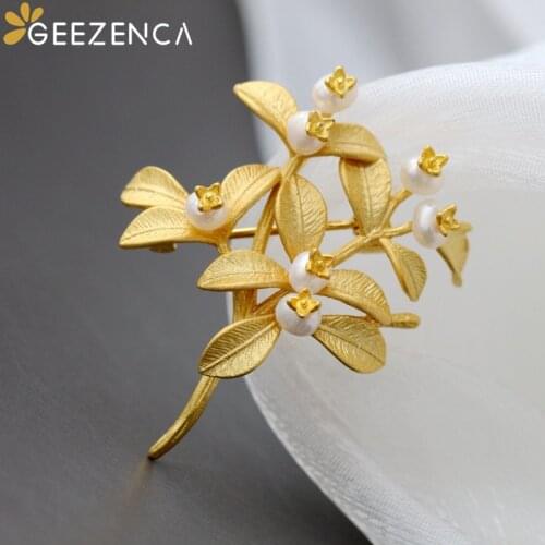 GEEZENCA S925 Silver Gold Plated Natural Freshwater Pearls Womens Brooch Fine Jewelry Tree Branch Leaf Pin Brooches Trendy Gift