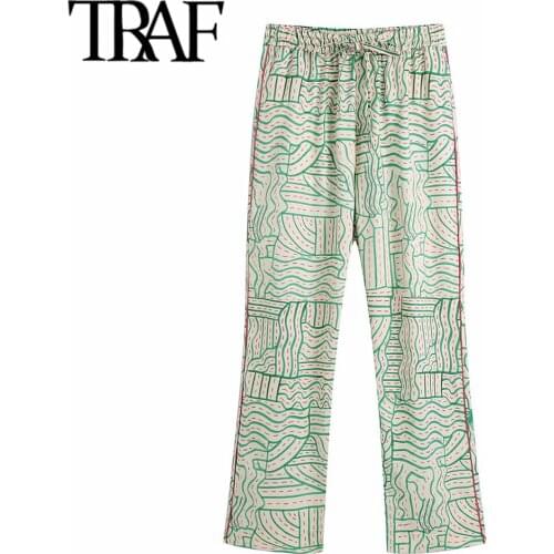 TRAF Women Fashion Patchwork Piping Printed Pants Vintage High Elastic Waist Drawstring Female Trousers Mujer