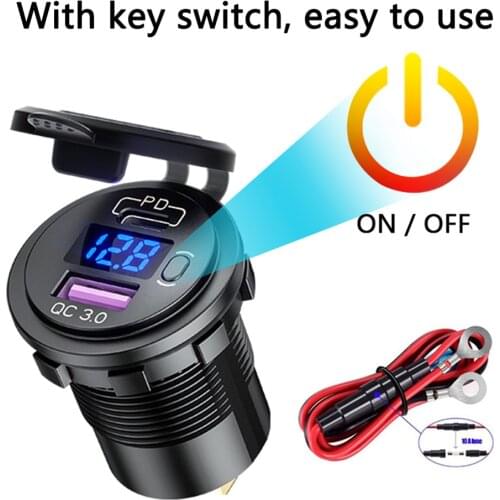 P21-B Car Dual USB Charger Quick Charge QC 3.0 + PD USB Fast Charger Socket Power Outlet Adapter with Switch for Motorcycle Car