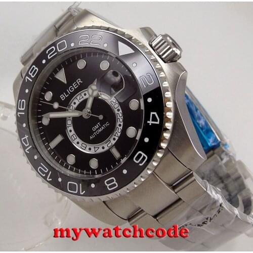 43mm bliger black dial luminous mark GMT sapphire glass automatic mens watch 206