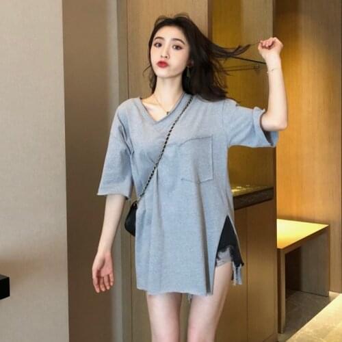 Short Sleeve T-shirt Womens Relaxed Summer Korean V-neck Design With Split Korean Style Top Trend