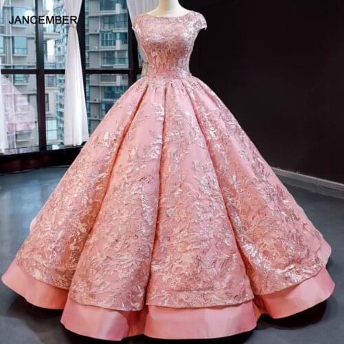 J66941 jancember formal dresses evening gown with pink o neck cap sleeve floor length lace up pattern prom dresses فساتين سهرة