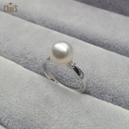 AAA 8.5-9MM Real White Genuine Akoya Cultured Pearl Diamond Ring 18k White Gold
