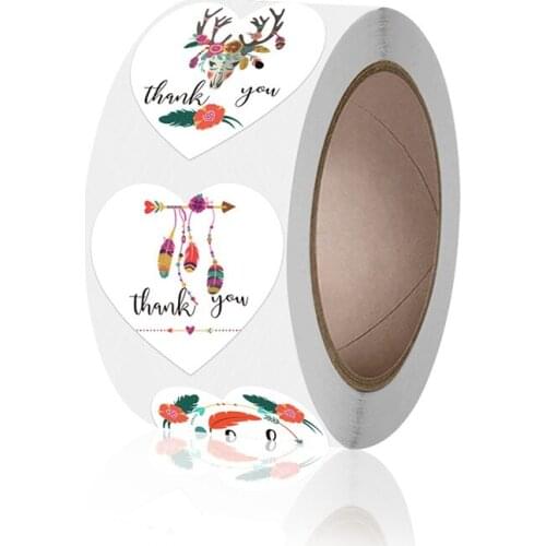 500pcs 1 Inch Indian Style Feather Thank You Stickers Heart Shape Stationery Label Business Envelope Water Cup Gift Box Decor