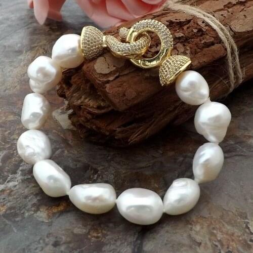 Natural three styles 10-12mm white baroque freshwater pearl micro inlay zircon accessories clasp bracelet long 20cm