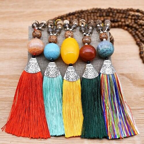 Retro tassel wooden bead necklace for female with wild linen cotton sweater chain ethnic style agate pendant necklace wholesale