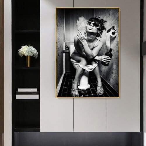Sexy Girl Sitting on The Toilet with Canvas Art Poster and Black and White Canvas Cloth Painted on The Wall of The Bathroom
