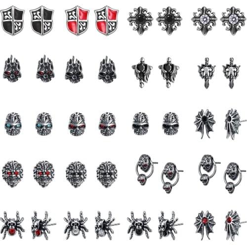 AOEDEJ Punk CZ Stone Stud Earrings for Men Stainless Steel Hip Hop Skull Ear Studs Rock Roll Jewelry Accessories