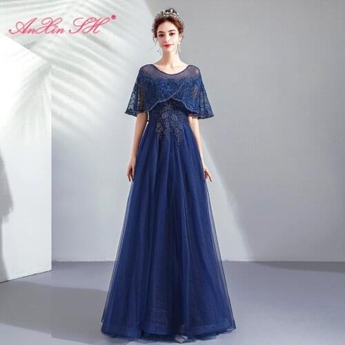 AXJFU vintage navy blue lace evening dress princess o neck beading pearls blue flower illusion evening dress 1601
