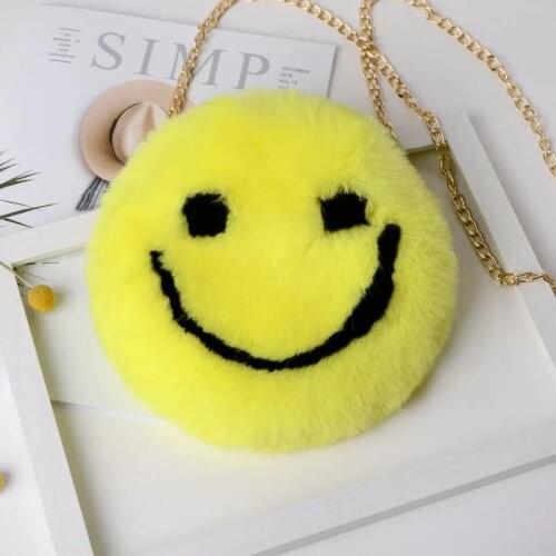 Faux Fur Smiley Womens Shoulder Bag Soft Plush Ladies Chain Messenger Bags Female Girls Winter Furry Smile Mini Purse Handbags