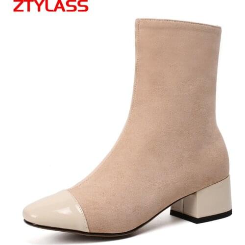 Autumn Fashion Square Toe Ankle Boots Women Pu Flock Square Low Heel Boots Zipper Boots Shoes Ladies Boots 2021 Black Beige