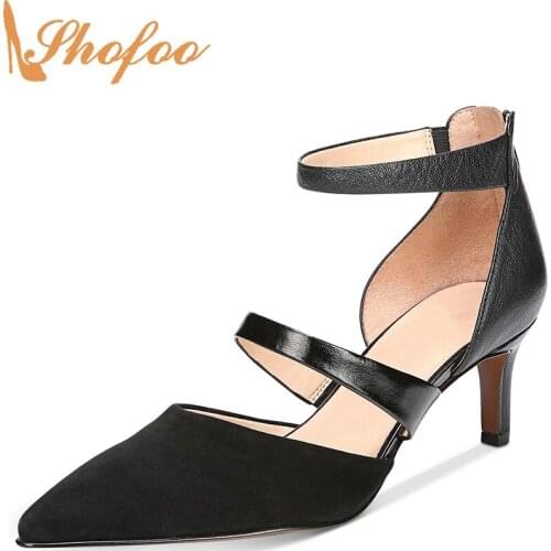 Black Pumps High Thin Heels Women Pointed Toe Ankle Strap Flock Back Zipper Large Size 12 16 Ladies Fashion Mature Shoes Shofoo