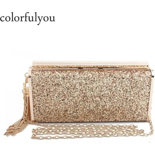 Fashion Women Shining Sequin Evening Clutch Bag Gold Tassel Purse Wedding Party Mini Handbags chain shoulder messenger bag 2019