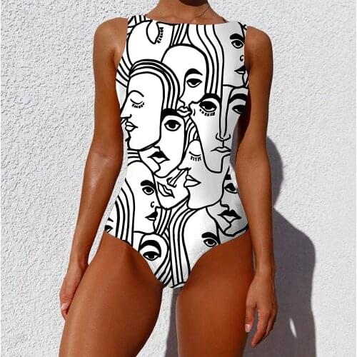 2021 Women Swim Bodysuit One-piece Bikini Fashion Abstract Printing Beach Bather Swimsuit For Female Push-up Sleeveless Biqinis