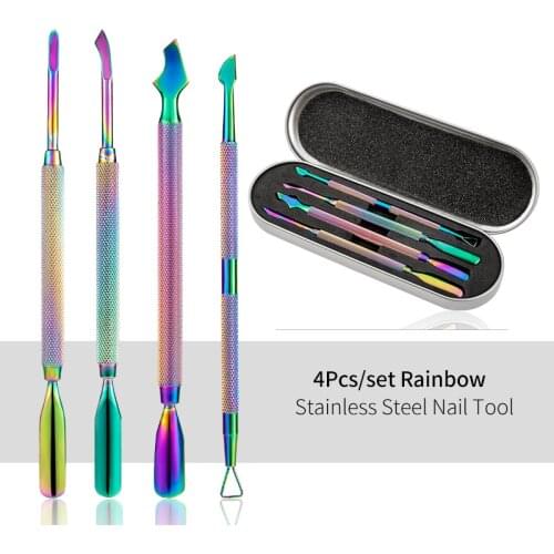 4Pcs/Box Stainless Steel Cuticle Pusher Chameleon Rainbow Gel Remover Manicure Nail Art Tools Nail File Dead Skin Push Cuticle