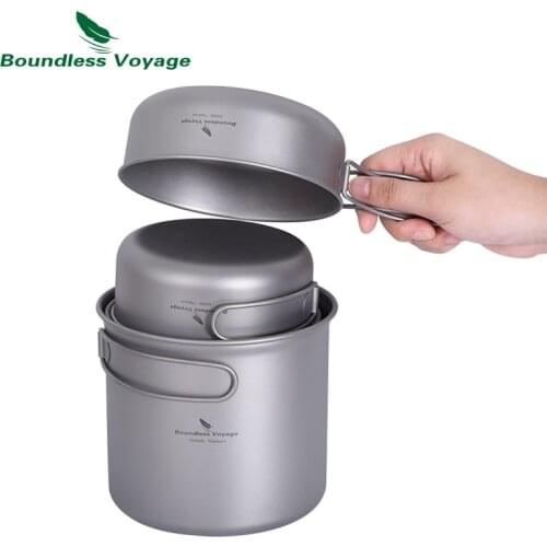 Boundless Voyage Camping Pot & Pan Set Titanium Cookware Set with Folding Handle Outdoor Lightweight Kitchen Cooking Utensils
