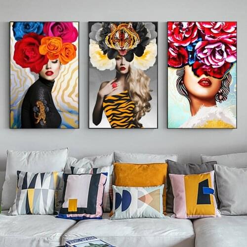 Modern Fashion Flower Model Girl Wall Art Decorative Painting On Canvas Prints Nordic Artwork Poster Pictures For Living Room