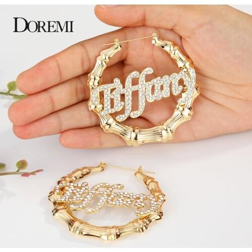 DOREMI Bling Name Bamboo Earrings Custom Trapezoid Hoop Bamboo Names Earrings Letter Big Personalised Name Earrings Women Gift