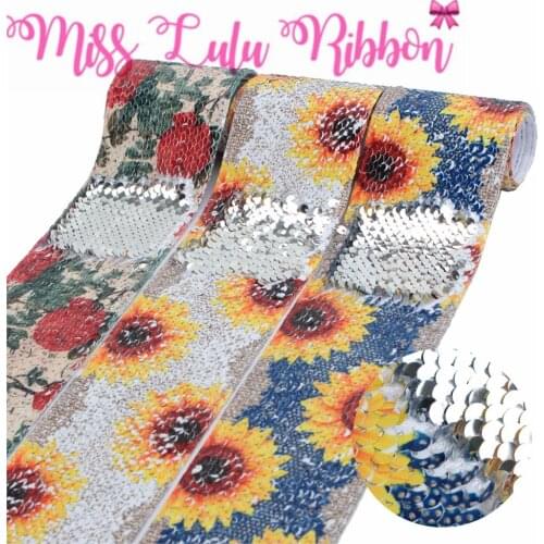 3"75mm Retro Flower Series Sunflower Double Reversible Silver Sequin Ribbon Lace Jeans DIY Hair Bowknots 46yards/roll