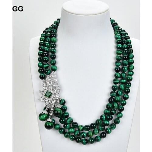 GuaiGuai Jewelry 22" 10mm 14mm 3Rows Round Green Tigers eye Necklace CZ Connector