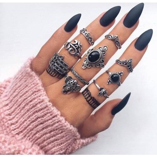 KMVEXO Bohemian Vintage Lotus Flower Cross Moon Ring Set For Women Black Crystal Midi Finger Rings 2020 Boho Party Jewelry Gifts