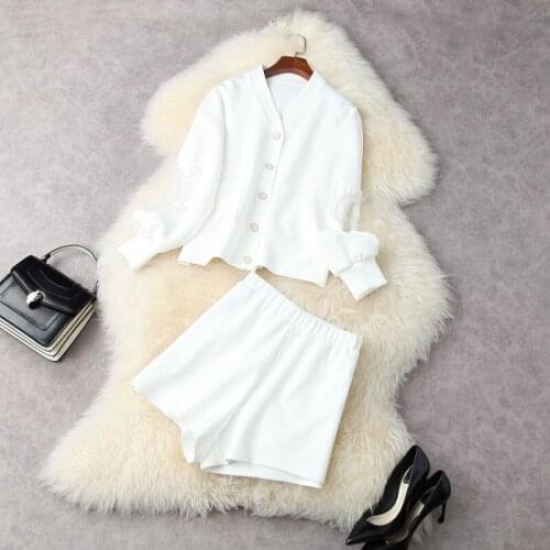 2021 Seven-point Sleeve Stud Beaded Single Breasted Hoodie Shorts Fashion Suits European and American Womens Wear for Spring