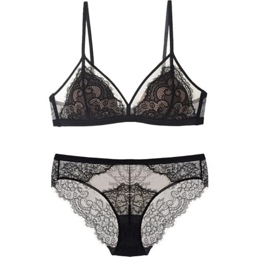 Soft Triangle Cup Wireless Bra Set Sexy Lace Mesh Bra and Panties Set Thin Lined Transparent Set Underwear Women Lingerie