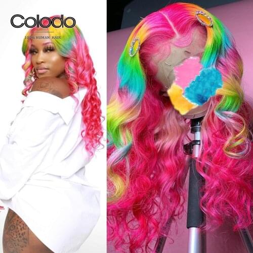Red Pink Rainbow Wig Pre Plucked 13x4 Lace Front Human Hair Wigs with Baby Hair Blue Green Highlight Wig For Women COLODO
