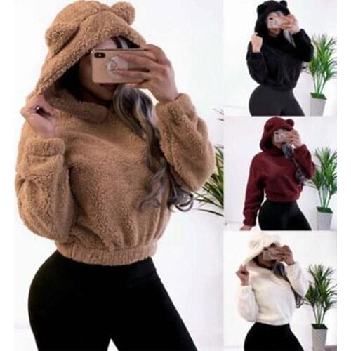 Fashion Women Solid Color Long Sleeve Fleece Pullover Hoodie Short Sweatshirt 2020 Autumn Female Pullover