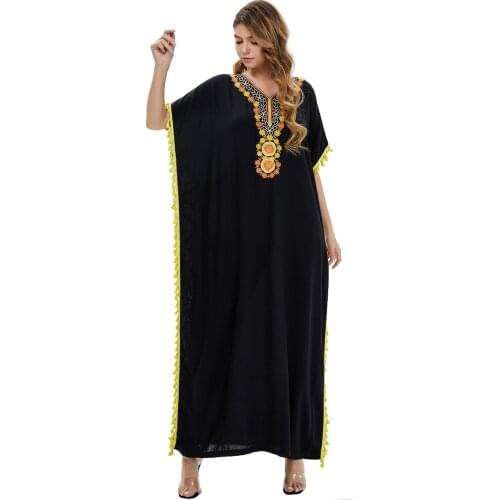 Muslim Womens European and American Middle East Embroidered Printed Dress Dubai Robe Large Size Loose Large Set Islamic Robe