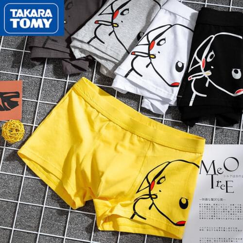 TAKARA TOMY Pokemon Pikachu Print Underwear Mens Cotton Cartoon Boxer Briefs Breathable