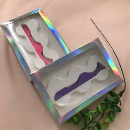 Empty 3 pairs lashes box with tray holographic box with stainless steel tweezers holographic packing