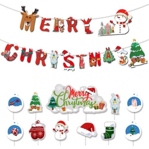 Christmas Party Cake Insert Card Santa Claus Elk Christmas Banner Flag Dessert Table Decor New Year Decor Props Layout Supplies