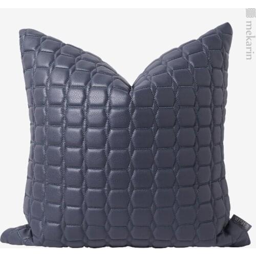 Modern minimalist living room sofa pillow blue checkered pillow Nordic light luxury leather embroidered thread pillow