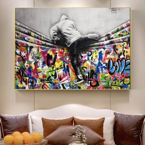 Modern Graffiti Street Art Kids Lover Behind The Curtain Canvas Painitngs Posters and Prints Wall Art Pictures for Living Room