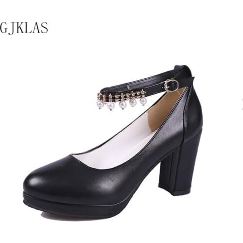 High Heels Sexy Pumps Women Shoes Chunky Heels Pearl Fashion Leather Cosy Dress Woman Office Shoes Pink Black White Female Shoes