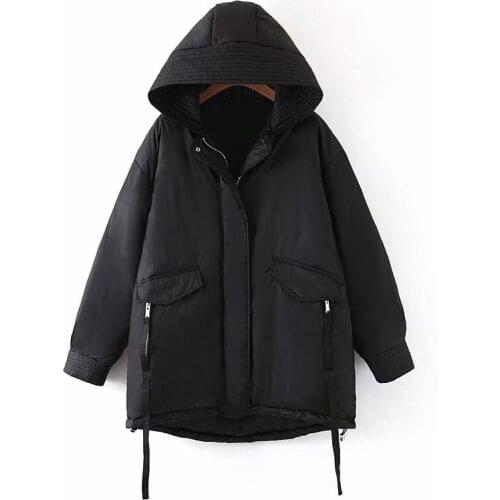 2021 Autumn Winter New Style Black Loose Quilted Thick Hooded Cotton Jacket Women