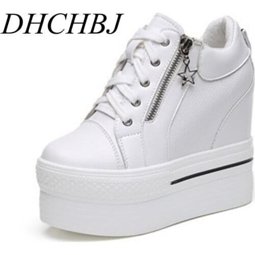 Women Sneakers PU Leather Casual Platform Trainers White Shoes 12CM Heels Autumn Wedges Breathable Woman Height Increasing Shoes
