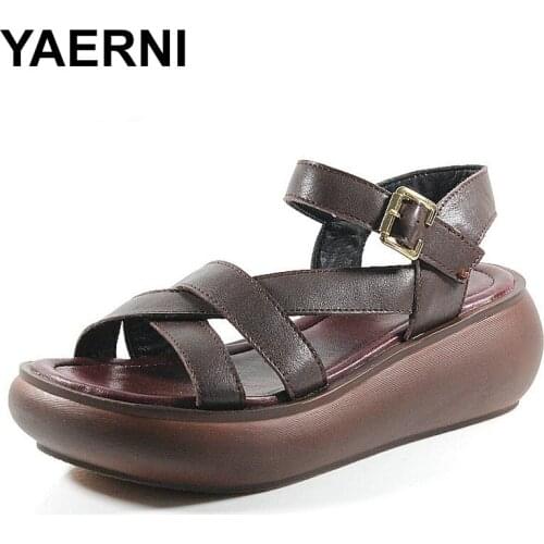 YAERNI Retro Women Sandals 2020 Wedge Platform Gladiator Sandals For Women Summer Shoes Genuine Leather Mid Heel Sandal Woman